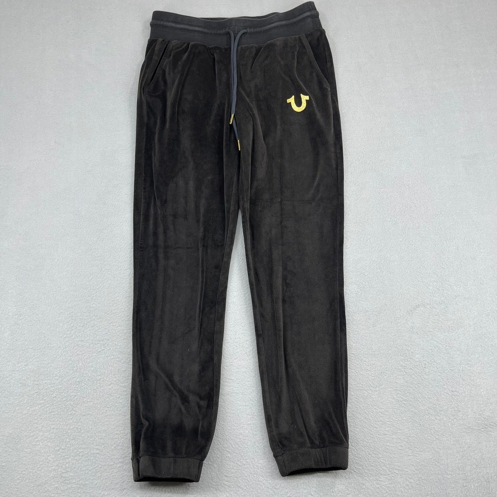 True Religion Womens Black Velour Joggers Gold Horseshoe Logo Size Small